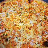 Buffalo Chicken Pizza · Morsels of chicken breast, barbecued hot sauce, mozzarella and bleu cheese. No red sauce.