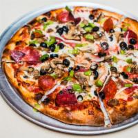 Deluxe Pizza · Salami, sausage, pepperoni, bell peppers, onions, black olives and mushrooms.
