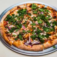 BBQ Chicken Pizza · Chicken, red onions, mushrooms, cilantro and BBQ sauce.