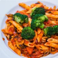Penne Primavera · Penne pasta with vegetables in marinara sauce. Served with garlic bread.