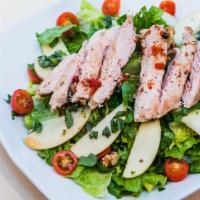 Waldorf Chicken Salad · Grilled chicken breast, romaine lettuce, fresh tomatoes, fresh basil, apple slices, walnuts ...
