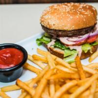 Hamburger · Fresh and juicy beef, lettuce, tomato, red onion, pickles, and panini sauce. Served with cho...
