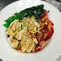 Wonton Mee · Homemade egg noodles topped with chef’s special sauce with steamed wontons, barbequed bonele...