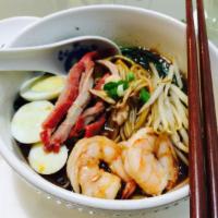 Loh Mee 卤面 · Hard boiled egg,bean sprouts ,yu choy ,jumbo shrimp and pork strips served in a thick brown ...