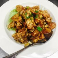 Chicken Loc Lac · Dark meat chicken , lightly battered stir fried with chef's specialty black pepper lime sauc...