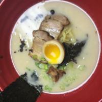 3. Tonkotsu Ramen · Creamy pork bone soup with salt based seasoning 2 chashu, ajitama egg, wood ear mushroom, no...