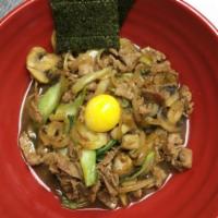 6. Sukiyaki Ramen · No soup. Sliced beef and vegetable deep in sukiyaki sauce, comes with yolk.
