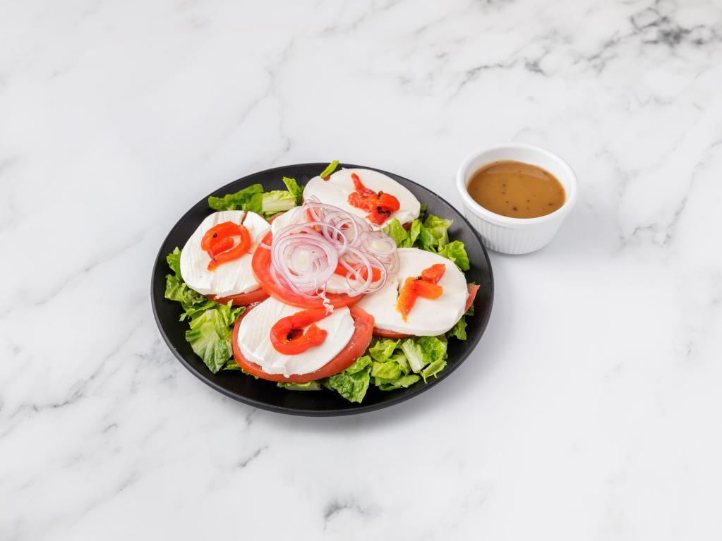 Caprese Salad · Sliced ripe tomatoes, sliced fresh mozzarella, roasted red peppers, red onions and an olive medley.