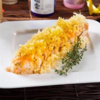 Albacore Special Roll · Spicy albacore roll, topped with albacore, garlic ponzu, scallion, masago, tempura flakes an...