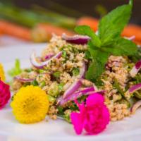 Larb Salad · Ground chicken with onions and lettuce in spicy lime dressing. Medium spice.