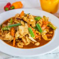 Chicken with Cashew Nuts · Stir-fried chicken with cashew nuts, carrots, onions and scallions. Mild spice.