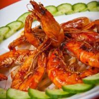 Braised Jumbo Shrimp · Deep-fried shrimp sauteed with wine, ketchup, garlic, ginger and scallion.