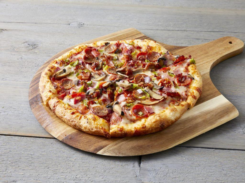 Zino Deluxe Pizza · Pepperoni, ham, bacon, sausage, mushroom, onion and green pepper.
