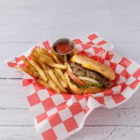 Beef Hamburger · Served with french fries.
