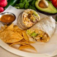 Chorizo Burrito · Grilled traditional Mexican sausage with Mexican rice, pinto beans, lettuce, Monterrey jack ...