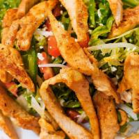 Grilled Chicken Salad · Fresh crispy lettuce, with grilled chicken, tomatoes, onions and radish.