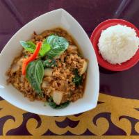 Thai Style Chicken Basil · Minced chicken stir fried with white onion and sweet basil leaves in a chef's special sauce....