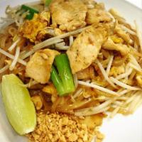 Pad Thai  · A unique Thai noodles dish, thin rice noodles stir-fried with your choice of meat and egg, b...