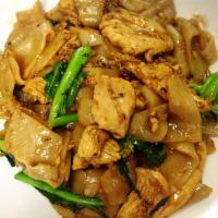 Pad See Ew  · A choice of meat stir-fried with flat rice noodles, egg and Chinese broccoli in a sweet soy ...