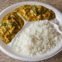 43. Vegetable Korma · Mixed vegetable cooked with cream, herbs and cashews. Served with rice.