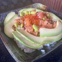 Salmon Don · Salmon Cubed infused with Chef Special Sauce. Topped with Scallions, Avocado, Edamame, Salmo...