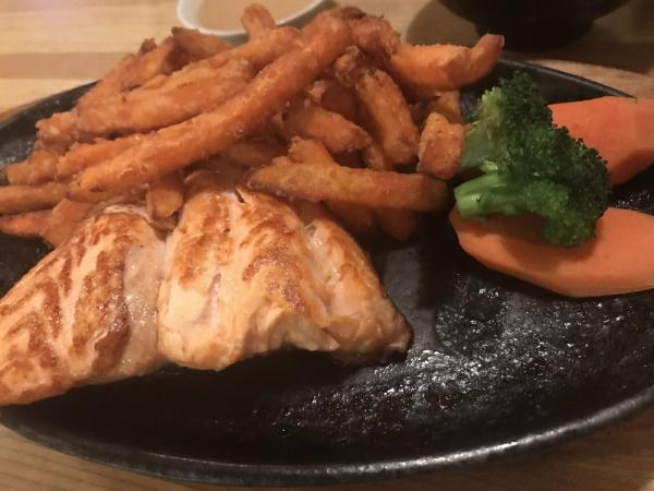 393181. Salmon Teriyaki Dinner · Grilled salmon with teriyaki sauce served with broccoli and sweet potato fries.
