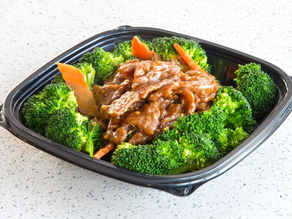 Broccoli with Beef · tender beef stir fry with garlic and fresh broccoli in brown sauce. Quart size. Feeds 2-3 people. Served with steamed rice. 