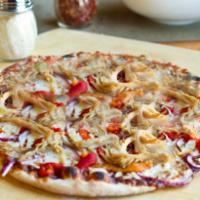 Pizza Americana · Brick oven-roasted pork, BBQ sauce, mozzarella cheese, onion and roasted red peppers.