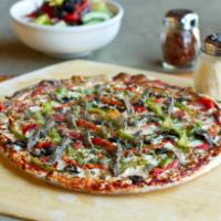 Pizza Alla Puttanesca · Marinara sauce, fresh peppers, roasted red peppers, capers, anchovies, black olives and pars...