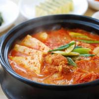 Kimchi Stew (김치찌개) · home made kimchi with pork, vegetables and  tofu. Served with rice. Spicy.