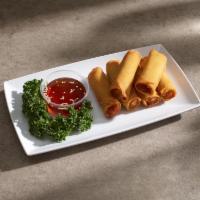 A6.Spring Rolls · 6 pieces deep fried spring rolls stuffed with cabbage, carrot, mung bean noodles, and shiita...