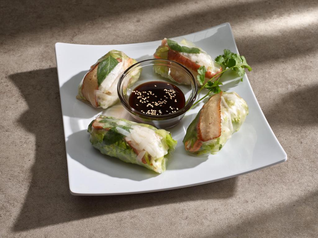 A8. Freshy Rolls · 4 rolls of noodles, soy chicken, romaine lettuce, bean sprouts, and fresh herbs, wrapped with rice paper and served with hoisin sauce.