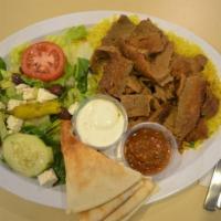 Gyro Platter · Seasoned blend on thin slices of roasted beef and lamb. Served with basmati yellow rice, Gre...