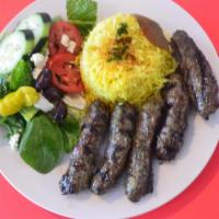 Kufta Kabob Platter · Charbroiled ground sirloin of beef, seasoned with a special blend of herbs and spices. Serve...