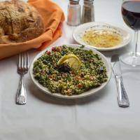 14. Kisir ( tabouli ) ( Kosher ) · Tabouli. A mixture of cracked wheat, green onions, red sweet pepper, tomatoes and parsley.