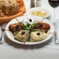 18. Bridge Mixed Appetizers ( Kosher ) · Hummus, baba ghanoush, spicy veggie paste, eggplant sauce and russian salad