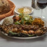 41. Mix chicken kebabs ( Kosher ) · Mixed chicken grill. Chicken chops, skewered ground chicken and chicken shish kebab. rice an...