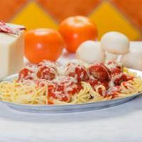 Spaghetti with Meatballs · Served with a side of fresh garlic bread and our homemade marinara sauce.
