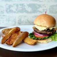 Roasters Burger · 1/2 lb Burger topped with Sautéed Mushrooms, Onions and Melted Swiss Cheese on a Grilled Kai...