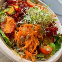 Ahimsa Side Salad · Romaine. Green/red leaf. Carrot. Beet. Cherry tomato. Cucumber. Sprouts. Signature Seed mix....