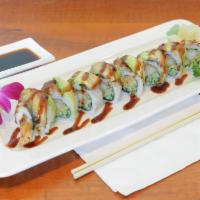 63. Dragon Maki · Shrimp tempura and cucumber inside with barbecue eel, avocado and eel sauce on top.