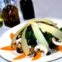 5. Walnut Salad · Organic raisins, walnuts, mushrooms, orange and Parmesan cheese.