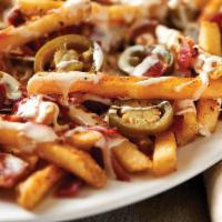 Bacon Jalapeno Cheese Fries · Natural-cut fries covered with warm queso cheese, bacon and jalapenos.