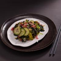 Seaweed and Cucumber Salad · Wakame, kombu, tosaka and yuzu vinaigrette. Vegan and vegetarian.