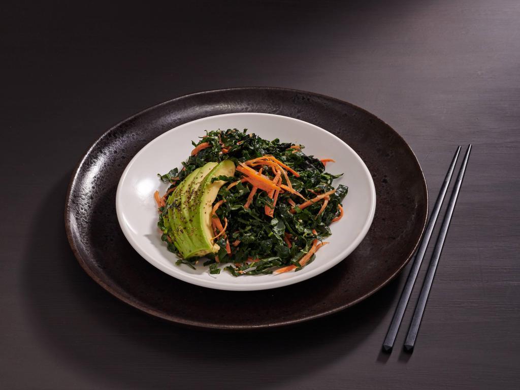 Kale Salad · Shaved carrot, nori, avocado and sesame-miso dressing. Vegan and vegetarian.