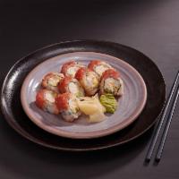 Pearl Roll · shrimp tempura, crab salad, and avocado topped with spicy tuna, sweet chili sauce and sesame...