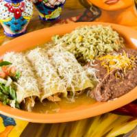 3 Enchiladas · Fresh house corn tortillas filled with your choice of meat and topped with our authentic gre...