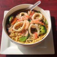 Seafood Ramen Soup · Egg noodles, white fish crab-meat, scallops, squid, shrimp and vegetables.