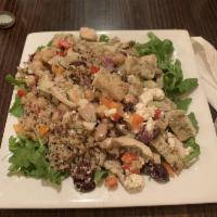 Mediterranean Quinoa Salad · Tri-color quinoa, grilled chicken, red onion, pepper, cucumber, chickpea, olive, lemon vinai...