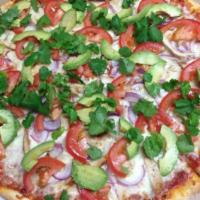 Santa Fe Chicken Pizza · Chicken in lime sauce, red onions, slices of avocado, Roma tomatoes, mozzarella cheese, cila...